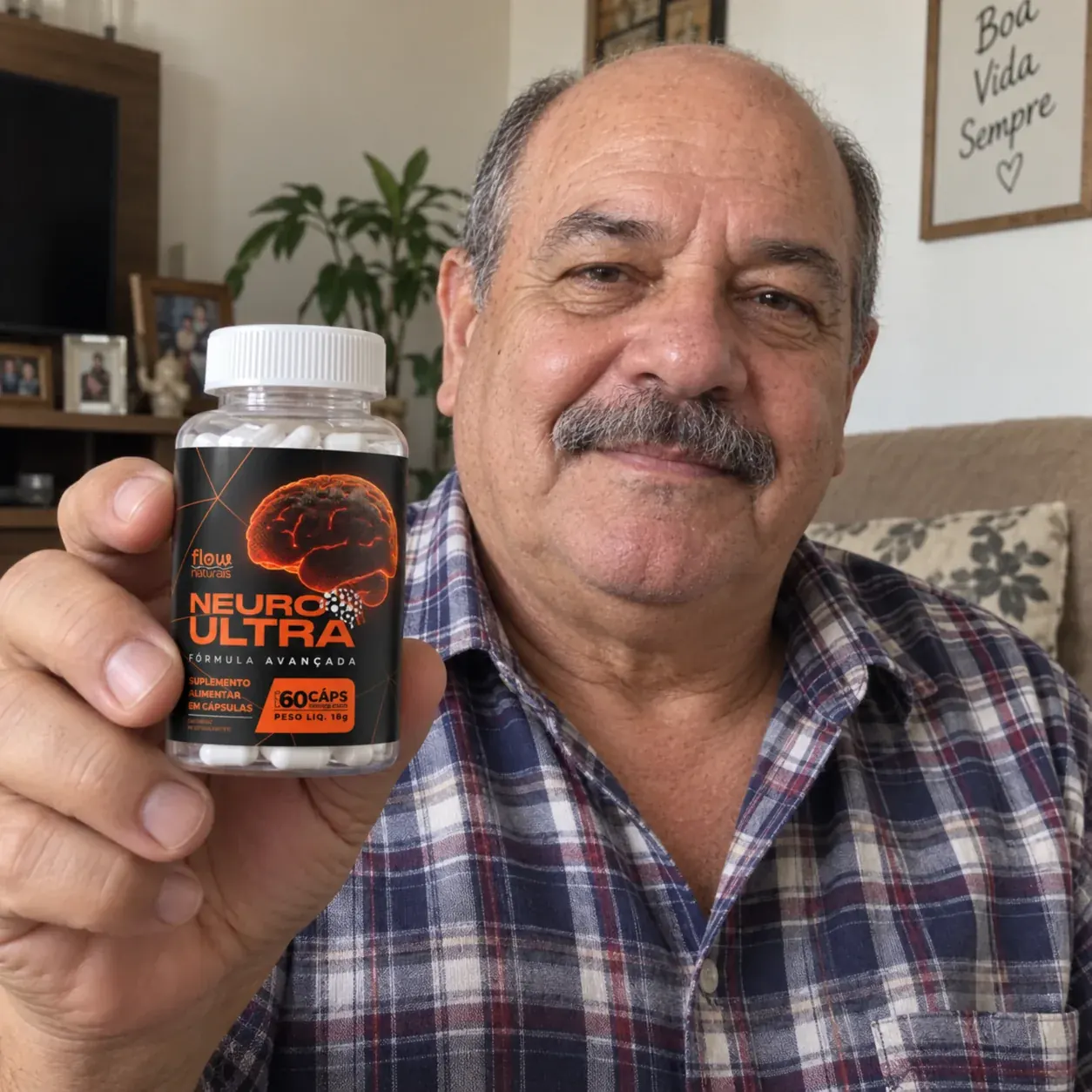 Homem segurando o frasco NeuroUltra em sua sala